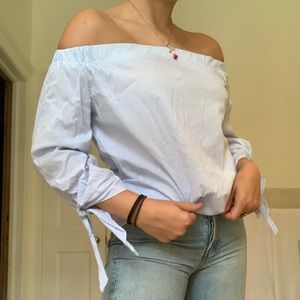 White and blue striped off the shoulder top